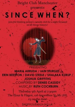 Poster for "Since When?" A figure from the Bayeux Tapestry is doing stand-up comedy