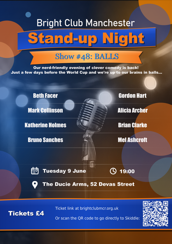 Poster for Bright Club 48: BALLS. Includes a picture of a microphone, some round shapes, and the full line-up.